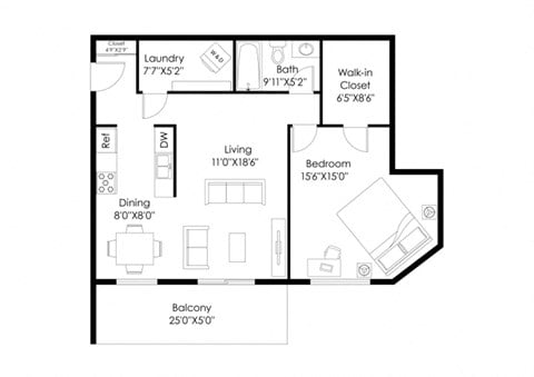 Floor plan for 1 bed, 1 bath, 793 sqft